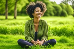"A person smiles and feels contentment and serenity while practicing meditation in nature. They may be sitting on the grass or by a tranquil lake, placing their hands on their knees, and blissfully closing their eyes."