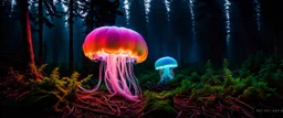 giant bio luminous Rainbow floating high JellyFish, fungal, light floating in a forest, mist, light trails, nighttime, long exposure, Treeline, Alberta, scientist, Dystopian, Hyper detailed, Realistic, Extreme depth of field, bokeh blur, Alberta all-natural, National Geographic, in the style of candid, imperfection, natural lighting, cinematic, Fuji Film, Anamorphic lens, 2040s, --ar 4:5 --w 150 --style raw