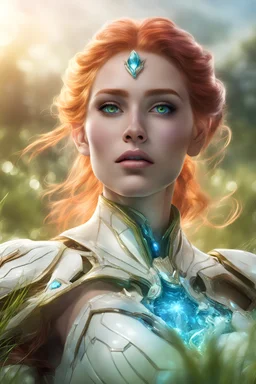 female elf, high cheekbones, white high tech armor, armored jaw, armored neck, glowing blue crystal in the center of the armor, laying horizontal at grassfield, laying on the back, single character, bright red hair, green eyes, photorealistic, realism, realistic, cybernetic jaw, bokeh, right hand trying to grasp to the sky, shot from top view