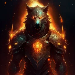 A terrible creature with a wolf's head and a human body,A shield made of fire and magic and the galaxy