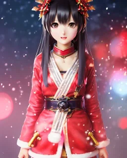 Detailed cute happy anime Kunoichi Christmas girl, Christmas colours, intricate details, full body portrait, keep head in frame, slight smile, black Japanese motif, concept art, highly detailed, digital painting, concept art, sharp focus, illustration, art by Yoji Shinkawa, WLOP and greg rutkowski and alphonse mucha and artgerm and yanjun Chen and Junji ito and Makoto Shinkai, HDR, octane render