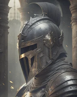Dark souls Knight, expression serious, aura, portrait, background Dark souls like ruins, comic style, helmet,