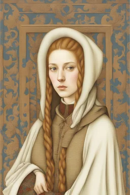 Half body portrait of a young woman in winter clothes in the style of jan van eyck in colors on a white background