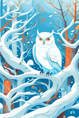 James Jean style illustration of a white owl in a tree in a nordic forest with snow