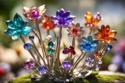 Coloured glass flower garden set with gemstones, glittering metal stems and gemstone leaves sharp focus elegant extremely detailed intricate very attractive beautiful dynamic lighting fantastic view crisp quality exquisite detail gems and jewels S<AI in sunshine Weight:1 Professional photography, bokeh, natural lighting, canon lens, shot on dslr 64 megapixels sharp focus Weight:0.9