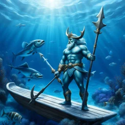 Neptune in the deep ocean holding his Trident, Standing on a Sled with no wheels drawn by two great Bluefish swimming in the same direction Neptune us facing
