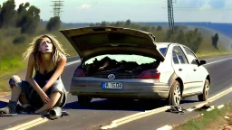 man and crying lady on side of the road inside broken down jetta