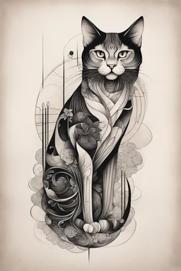 Create a captivating modern 2d ink tattoo design for print , prestigious Sacred Cat using the elegant influences of japan art style, for print, dynamic elements from fashion and design, and bold Japanese contemporary art aesthetics, framing centered in the center, distanced from the edges of the paper perimeter, perfect anatomy, bauhaus, Divine Proportion,