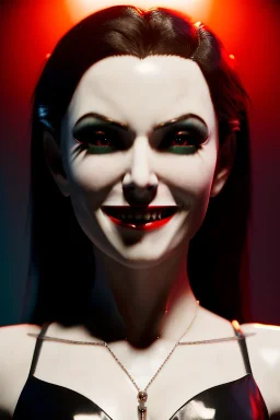 Grinning vampire, portrait from waist up, pale skin, latex and leather attire, crimson eyes, fangs,intricate eyeliner, vibrant eyeshadow, clear completion, soft lighting, 4k resolution, intricate details, insanely detailed, colorful cityscape background, masterpiece, expert, cinematic smooth, retroanime style, realistic details, no helmet