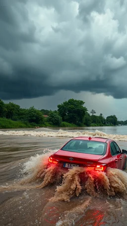 A car in rage flooding river with severe rain and cloudy sky with thunderstorms