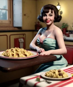 Ultra realistic photographic portrait, happy young Gina Lollobrigida woman sitting with arms resting on Italian kitchen table, pretty tortellini dish, retro dress by 1960, classic style decoration, cold, soft color, highly detailed, unreal engine 5, ray tracing, RTX, lumen lighting, ultra detail, volumetric lighting, high definition.