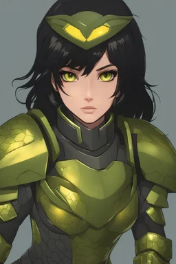 a young female with black hair green snakeskin and yellow eyes in stealth armor