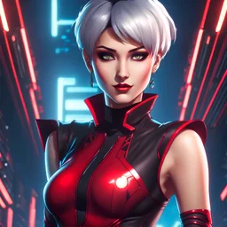 Attractive young female cyberpunk sorceress wearing a red bodysuit, smiling coyly, short hair, dark eyeshadow, intricate eyeliner, anime style, retroanime, video game character