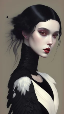 painting by koson ohara and marta bevacqua, portrait of a beautiful goth woman with black hair have a crow as a pet, wearing a black dress, 8k, high quality, highly detailed full body