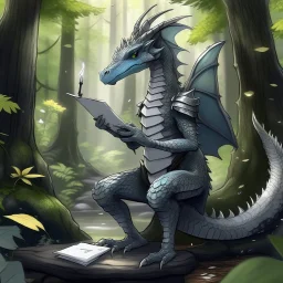 A dragonoid human with grey scales and a flexible tail in the middle of taking notes in a magical forest