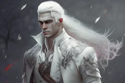 A Fantasy Human, a white masculine human with medium white hair. Battle Scars. Full body. Military clothes. HD