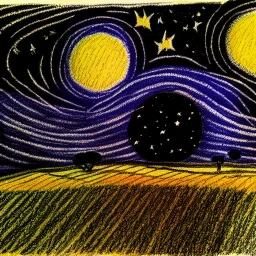 dibujo de una campo de noche con la luna y muchas estrellas con el estilo de Vincent van Gogh