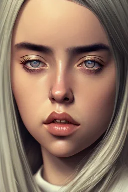 Billie Eilish, samurai, realistic, not to be distinguished from a photo, identical pupils, photorealistic illustration