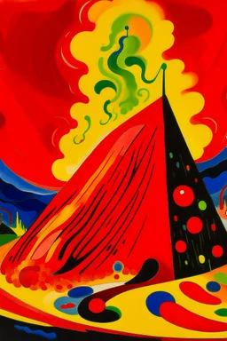 A red fiery volcano shaped like a hot pepper painted by Wassily Kandinsky