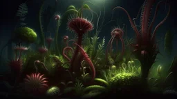 garden of hybrid carnivorous plants competing for prey, giant sundews with sticky tentacles intertwining, underwater utricularias lurking in dark pools, toxic steam rising from their digestive traps, fluorescent insects fluttering hypnotized, dark jungle fantasy style