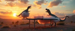 dino throwing ping pong table into the air, ghost busters and a ping pong long fluffy slinky cloud twisting dinosaur sun set