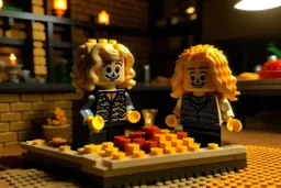 blonde lego girl and curly black haired lego boy eating lego pizza in an italian restaurant in candlelight