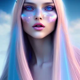 beautiful, soft, smiling face, whole head, long straight blonde hair blues eyes, crown on the head, clothing in transparent bluish and pink veil, background brillante bluish and pink, hight definition, 8K