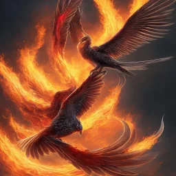 a detailed illustration of a black and red phoenix sitting on a branch of a tree, phoenix wallpaper, luminescent body, glinting wings, full body, symmetrical body, realistic, glowing wings, sharp focus, meticulously detailed, soft evening sky, 64k