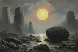 Grey sky with one exoplanet in the horizon, rocks, mountains, 80's sci-fi movies influence, friedrich eckenfelder and rodolphe wytsman impressionism paintings