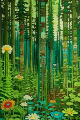 A green forest with big beautiful flowers designed in Pacific Northwest totem poles painted by Leonardo da Vinci