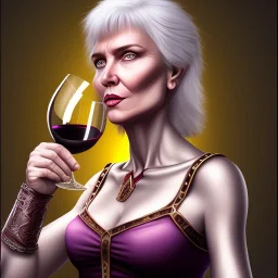 xena, 60 years old white hair drinking a glass of red wine