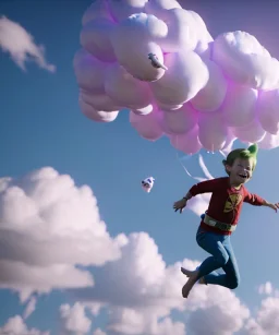 Ultra realistic clouds sky scene, medium shot view, portrait, sweet Childs, free jumping flying, trinkets, monster hair, jelly beans, balls, smile, happy, Peter Pan style, inflatable color clothing, extreme, wind, clouds sea, 20,000 feet altitude, stratosphere, soft color, highly detailed, unreal engine 5, ray tracing, RTX, lumen lighting, ultra detail, volumetric lighting, 3d, finely drawn, high definition, high resolution.