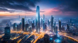 A city floating in the clouds, sleek, futuristic skyscrapers pierce the sky, floating walkways connect the buildings, advanced hovercrafts move through the air. The clouds below shift and change colors, reflecting the vibrant city lights. Award-winning photograph, beautiful composition, very detailed, 80mm focal length, rule of thirds.