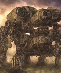 Large rusty mechwarrior inside a futuristic steampunk space ship with plants and animals moire effect