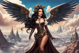 exotic sci-fi steampunk pin-up girl, with long dark hair and wings, on an alien planet with cloud trees, tall spires, buildings, bridges, arches