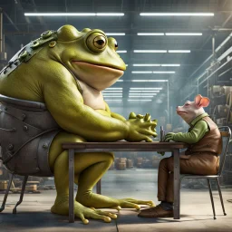 a big fat yellow-green anthropomorphic frog in human cloths sitting on a massive metal chair at the wooden table, talking with opposite sits on a less chair pale brown little mutant anthropomorphic frog with a round head, big round eyes and little pig ears on his head and wearing work clothes and looking the frog, in background blur empty assembly workshop, hangar, pale light, high detalied, high realistic, professional photo, sci-fi mood, fantasy style, digital art