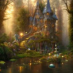 beautiful subsymmetrical elaborate fantasy house made of a tulip, flickering light, forest, clear, reflective lake, 8k, high-quality, ultra-fine detail, Brian Froud, Howard Lyon, Anna Dittman, Anne Stokes, Selina French, Greg Rutowski