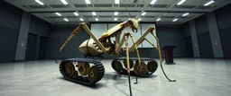 in the style of Escher , pinhole cam, airbrush 3d rendering, on tv screen:A five-second cinematic single take in a clean industrial presentation hall. A bizarre mechanically plausible tracked atv machine stands beside a presentation podium, designed to look like a giant mechanical praying mantis. Two large bicycle wheels form its main body and four thin articulated mechanical legs support it. Two long folded mechanical front arms resemble mantis forelegs, huge head and arms