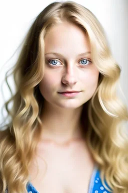 Stunning natural true colors professional photography on a white background showing a voluptuous and incredibly beautiful 25-year-old European woman. She has soft white skin showing some vitiligo spots on her chest, tousled long blond hair, pretty face without makeup, big round blue eyes, cute profiled nose. She smiles a bit. She's not wearing earrings, necklaces, jewelry or body accessories.