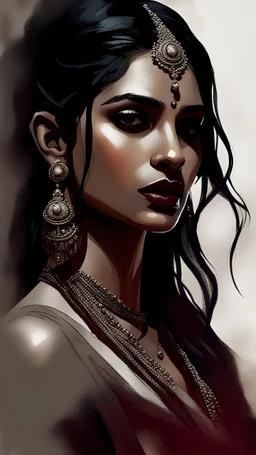 Beautiful young Indian woman with long black hair, hazel eyes and nice maroon lips, in expensive designer ash saree, dynamic pose, oil on canvas, concept art by Greg Rutkowski, WLOP, Wadim Kashin, Alberto Seveso and Russ Mills