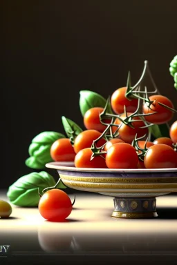 Italian Renaissance style still life consisting of a plate of ravioli with natural cherry tomato and basil accompanied by olives, moisture ambient, natural ornaments, ceramic, marble, high kitchen, smooth, god rays, unreal engine 5, ray tracing, RTX, lumen lighting, ultra detail, volumetric lighting, 3d.