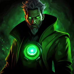 Mysterious male cyberpunk wizard, green jacket, glowing grey eyes, video game character, trending DeviantArt, trending ArtStation, post-apocalyptic background