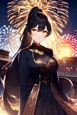 girl, masterpiece, best quality, cinematic lighting, detailed outfit, perfect eyes, black hair, golden eyes, long hair, ponytail, girl in a modern bustling town celebrated with fireworks, with a dreamy and ethereal atmosphere,