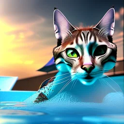 Eine Katze schwimmt im Swimmingpool, realistic Foto, all details cgi and effects