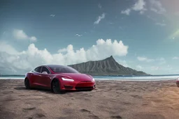 A Tesla 'Model S' is racing at top speed, at the beach of Waikiki in Hawaii. CINEMATIC. WIDE ANGLE LENS. PHOTO REAL.