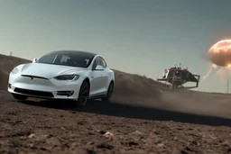 A Tesla 'Model Y' is racing at top speed, at the lunar landing site of the 'Apollo 11'. (CINEMATIC, WIDE ANGLE LENS, PHOTO REAL)