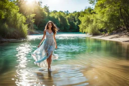 beautiful girl in pretty dress walking in water toward camera in trees next to wavy river with clear water and nice sands in floor.camera capture from her full body front