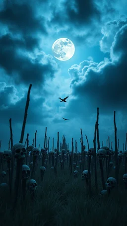 A moon in the blued blurry dark sky background and out of this world galaxy in a blue and gray cloud of stormy weather a many large amount of thick sticks fixed on the ground with many skulls the same size more than 30 put on the top of it ultra hi quality picture with cinematic science, tragedy, a small black birds far in hovering in the horizon in the big field of grass near front view of the skull filling all the fields in everywhere. A creepy old black big castle in front