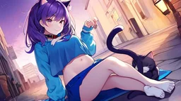 Girl ,purple hair, cat ears, cat tail, blue skirt, open navel, short green shirt, night in town ,with tongue out, collar on neck, sit, cat paws on feet