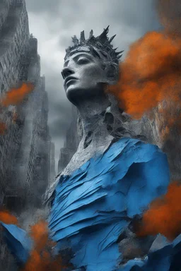 surrealis monochrome A fragmented, surreal sculpture liguid blue color of photorealistic image 3d,psychedelic art glossy emerging from devilish a crumbling empire state building. The face appear and intricate details, evoking a haunting expression. set against a backdrop of stormy, cloud-filled skies. bauhaus art The overall tone is dark blue and moody, suggesting themes of decay and transformation.